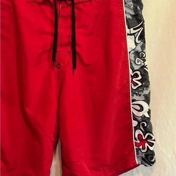 H-25 Men’s RS Surf Red Gray & White Floral Side Seam Summer Swim Board Shorts - Picture 3 of 10
